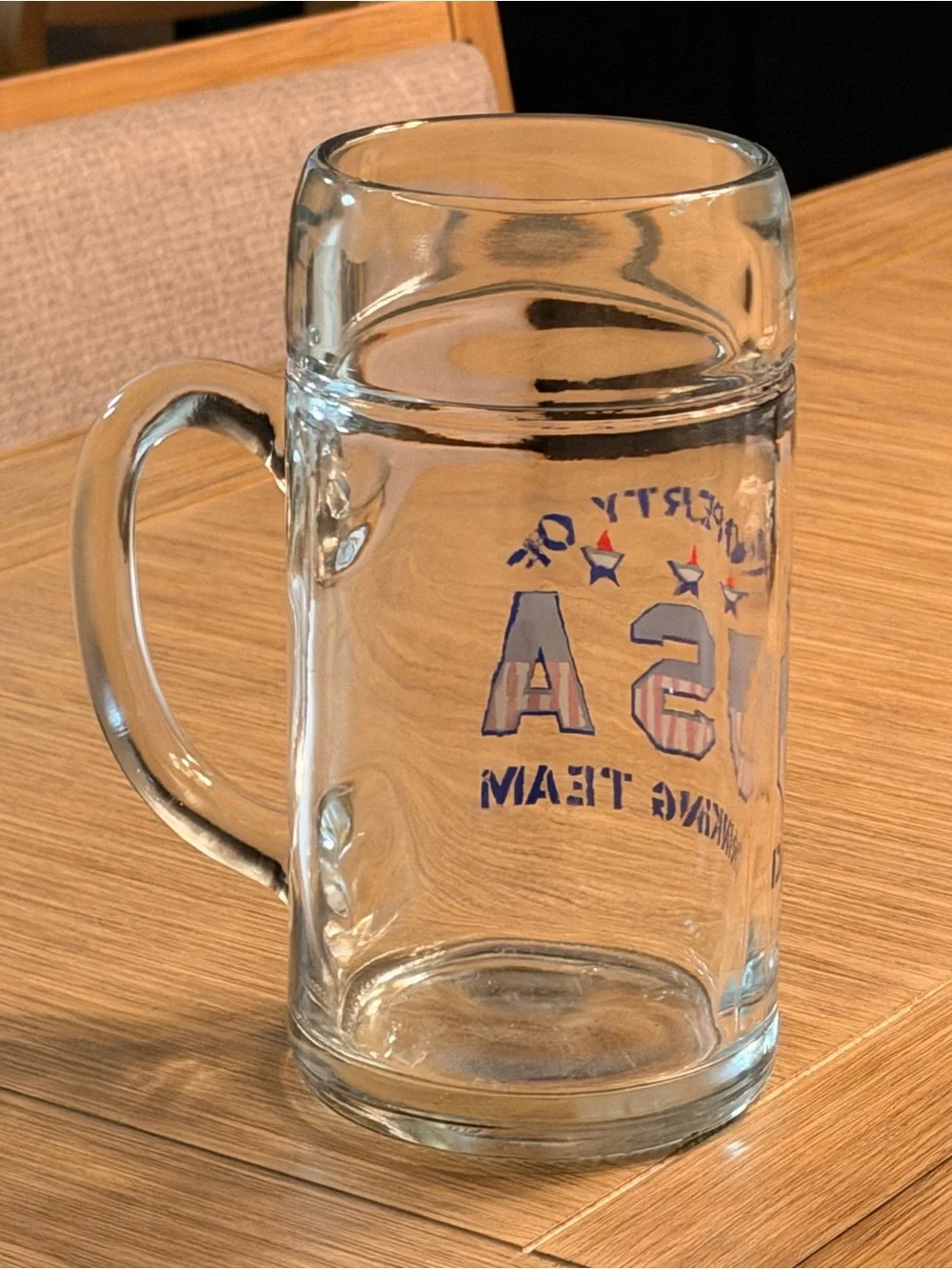 USA Drinking Team Glass Beer Stein - Clear Glass with Red White & Blue Graphic